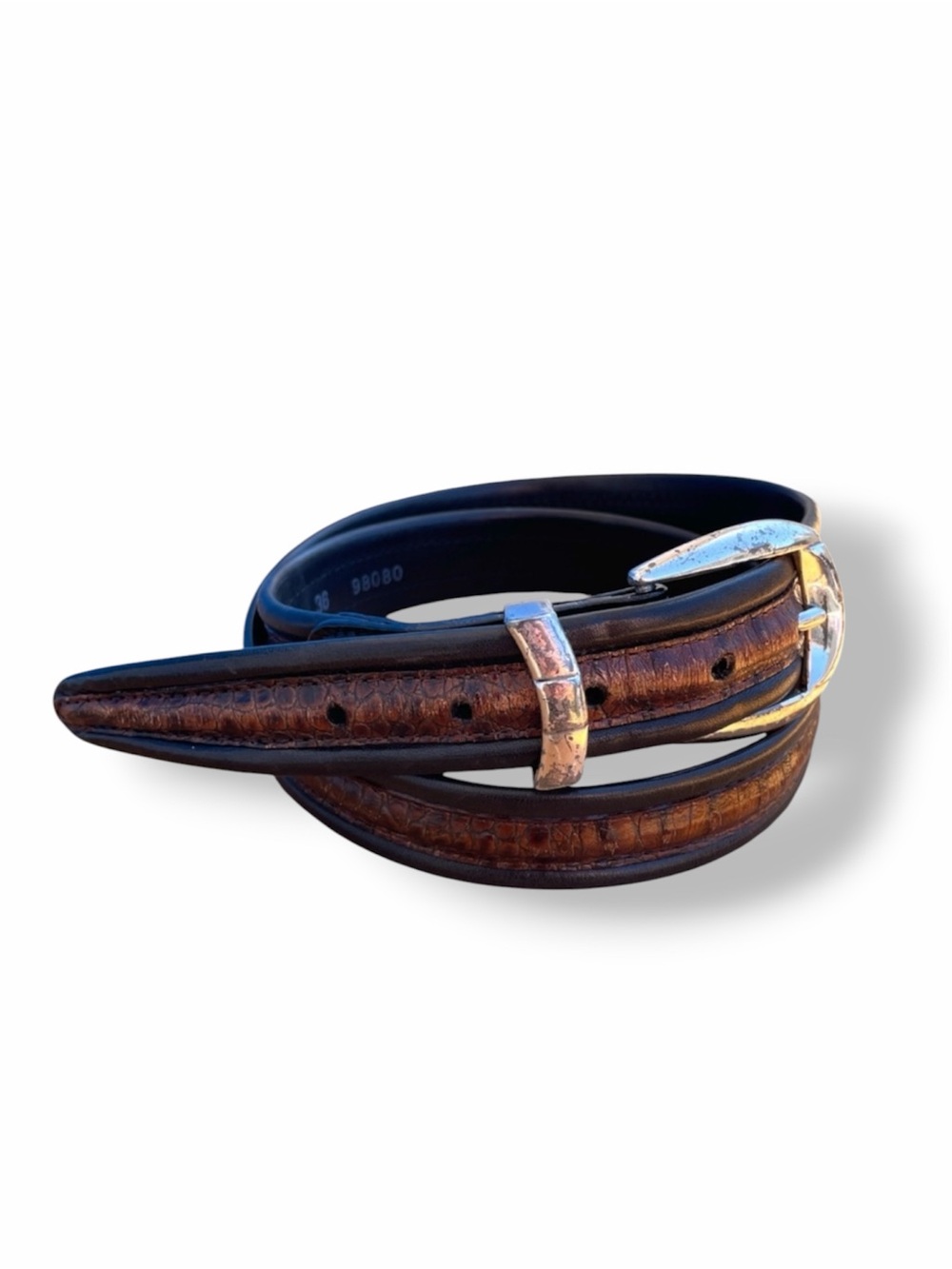 Brighton Leather Crocodile Pattern Browns with Black Belt Silver-tone Buckle 36